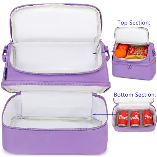 FlowFly Double Decker Cooler Insulated Lunch Bag Large Tote for Boys, Girls, Men, Women, with Adjustable Strap,Purple - color: Purple