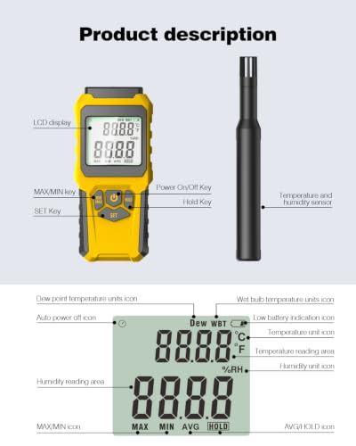 MT-93D Split Thermo Hygrometer HVAC Humidity Meter, Dew Point and Wet Bulb Temperature Reader, Flexible Spring Cord air Temp Probe, Backlit LCD, Data Hold MAX/MIN, ℃/℉, humidifier Greenhouse
