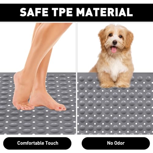 Shower Mat Non Slip: 35.4 x 23.6 Inch Extra Large TPE Shower Mats for Inside Shower - Anti Slip Shower Stall Matt with Drain Hole and Suction Cups for Elderly - color: Grey, size: 35.4" x 23.6" (Rectangular)