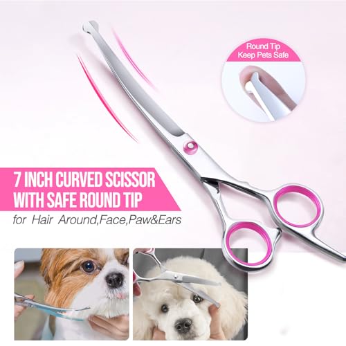 Gimars Dog Grooming Scissors Kit Professional 4CR with Safety Round Tip, 5 in 1 Heavy Duty Titanium Coated Thinning & Curved & Straight Shears - style: Pink 5 in 1