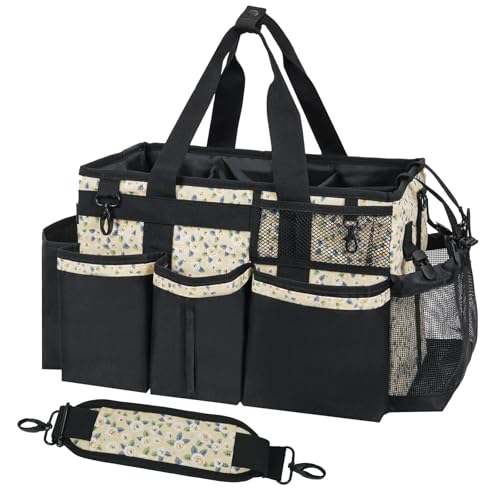 SCAVATA Wearable Cleaning Caddy, Cleaning Caddy Supplies Organizer with Handle & Shoulder Straps for Housekeepers, Under Sink & Car Cleaning Tool Organizers Bag with 4 Foldable Divider (YellowFlower) - color: YellowFlower