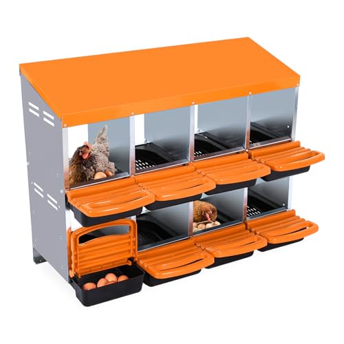 Chicken Nesting Boxes, 8 Compartments Chicken Laying Boxes, Removable Plastic Tray, Easy to Clean, Roll Away Nesting Boxes for Chickens Laying Eggs, Orange