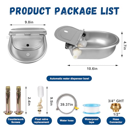 Automatic Water Dispenser for Dogs, 304 Steel Float Valve Pet Water Bowl | Self-Filling, Wall Mounted, 2.5L Capacity, Drain Plug for Easy Clean, for Large Dogs Chickens Horses, Yard Farm Outdoor Use