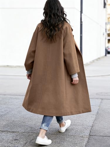 Women's Winter Wool Coat Notch Lapel Single Breasted Casual Mid Long Pea Trench Coat - color: Light Brown, size: Large