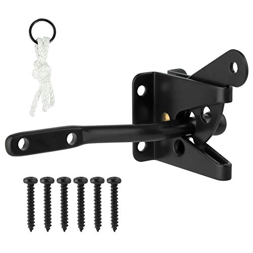HILLMASTER Upgrade Self-Locking Gate Latch for Wooden Fence Heavy Duty, Automatic Gravity Lever Door Latches with Longer Fasteners & Pull String for Secure Pool, Garden, Black Finish/4.7in - size: 1 Pack