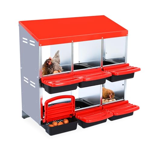 Chicken Nesting Boxes 6-Compartment Wall Mount Roll Away Poultry Laying Boxes with Easy Egg Collection & Cleanable Pull-Out Tray – Heavy Duty Hen Roosting Box for Coop - color: Red