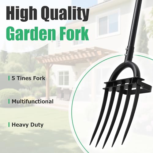 LLARGUEST Pitch Fork, 69" Heavy Duty Metal Garden Fork for Loosening Soil Broadfork with Ergonomic D-Grip Handle, 5-Tine Digging Fork Hay Fork for Compost,Mulching,Manure.