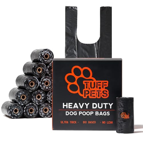 Tuff Pets Dog Poop Bags Rolls with Handles, Extra Thick Poop Bags for Dogs | 16 Rolls of Heavy Duty Doggie Poop Bags, Fits Any Standard Dispenser - style: Orange- Cornstarch
