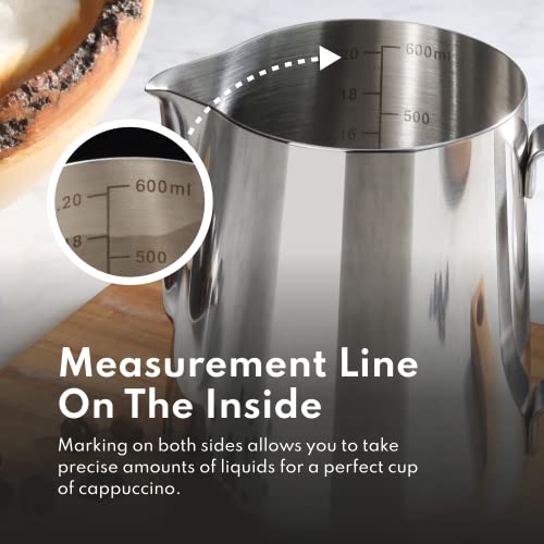 New Star Foodservice Stainless Steel Frothing Pitcher, 20 oz Espresso Milk Steaming Cup with Measurement Scale, Commercial Grade 18/8 Barista Pitcher for Lattes, Cappuccinos, Coffee, Silver - size: 20.3 Ounces