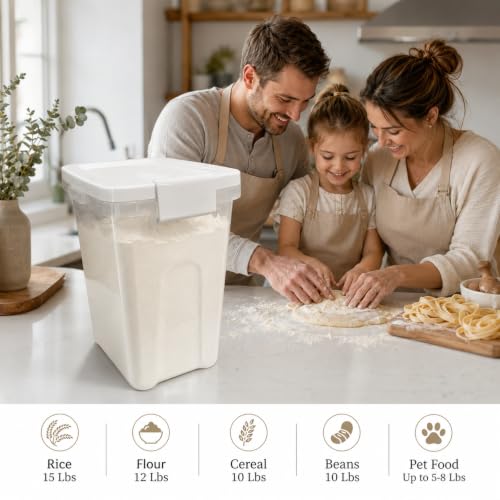 Rice Storage Container 10-15 Lbs, Airtight Flour Dry Food Bin with Scoop | Tight-Lock, Food-Grade Plastic Food Storage Container Dispenser for Cereal, Sugar, Kitchen, Pantry Organizers and Storage - color: Shiny White