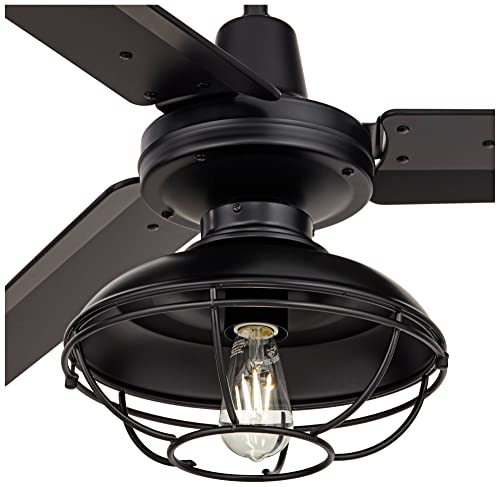 52" Plaza Matte Black Cage Damp Outdoor Ceiling Fan with Light Remote | Industrial Modern 3 Blade Style Rated for Patio Exterior House Porch Gazebo Garage Barn