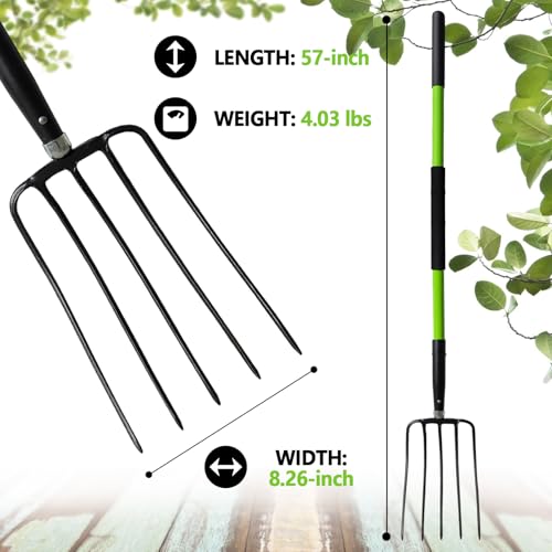 Pitch Fork-57 Inch，5-Tine Steel Garden Fork Heavy Duty, Mulch with Cushion Grip, Green Fiberglass Handle - color: Green