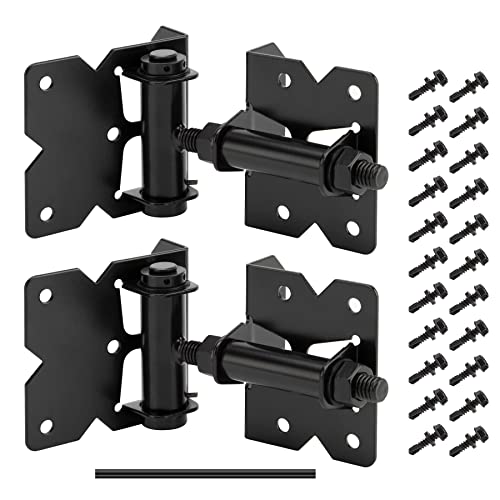 2 Pack Self Closing Gate Hinges for Wooden Fences Heavy Duty Solid Vinyl Fence Gate Closer Hinges with 22 Screws Swing Adjuster Tool 90 Degree Tension Gate Hardware Kit Black Finish - size: Self Closing