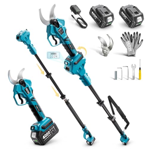 SEESII 2-in-1 Pole Pruning Shears: 1.6" Cutting Diameter Cordless Electric Pole Pruners - Brushless Motor, Dual 4.0Ah Batteries, Extra SK5 Blade, 4 Modes Adjustable Branches Cutter for Tree & Flower | Brushless Motor, 2x4.0Ah Batteries, Extra SK5 Blade, 4