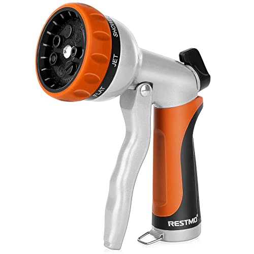 RESTMO Garden Hose Nozzle, Heavy Duty Metal Water Hose Nozzle with 7 Adjustable Spray Patterns, High Pressure Hand Sprayer with Flow Control, Best for Watering Plant & Lawn, Washing Car & Pet, Orange - color: Orange