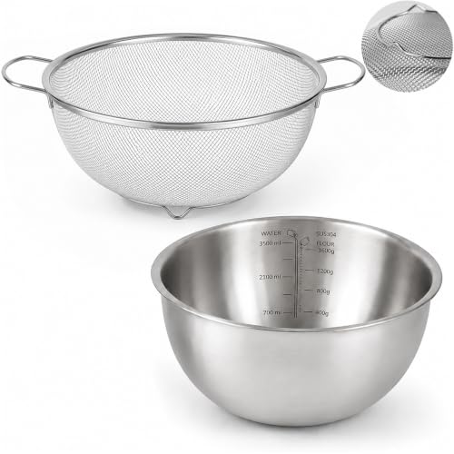 18/8 Stainless Steel Fine Mesh Colander Set, 3.5Qt | Includes 1 mixing bowl with built-in measurement marks and 1 fine 20-mesh strainer for rinsing, mixing, and draining.