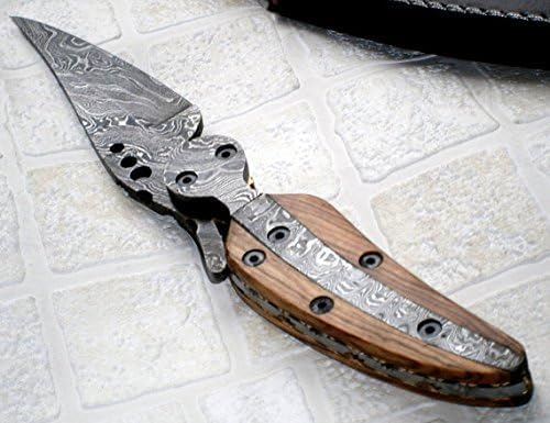 Custom Handmade Damascus Steel Folding Knife - Natural Wood Handle with Brass Bolster & Brass Lining | Artisan Forged 176-Layer 1095/15N20 Steel | Handmade Leather Sheath Included | 9 Inch Overall - color: Damascus Leaf