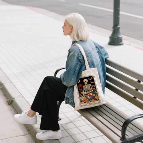 Aesthetic Canvas Tote Bag for Women - with Magnetic Snap Closure & Zipper Inner Pocket Reusable Totes Bag - color: Skeletonreading1