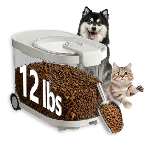 Airtight Dog Food Storage Container with Desiccant Chamber,Cat Food Storage with Timer,Wheels & Scoop,7 Liter,10-12 lbs/7 kg,for Small Dog,Cat & Bird Feed,Clear BPA-Free Slim Rolling Bin with Lid