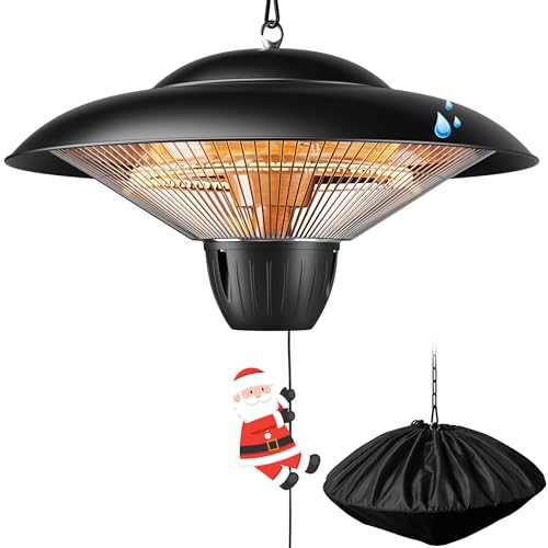 1500W Electric Patio Heater, Hanging Infrared Outdoor Heater with Carbon Fiber Heating, Waterproof Ceiling Mounted Heater for Gazebo, Porch, Garage & Covered Patio - color: Black