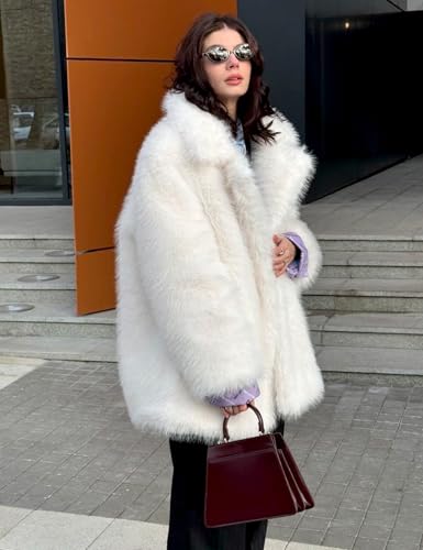 COZYPOIN Womens Faux Fur Coats Mid Long Warm Winter Fluffy Jackets | Shawl Collar, Long Sleeve, Pockets, Snap Button, Smooth Lining, Loose Fit, Fuzzy Shaggy Coat, for Daily Party Holiday Wear - color: White, size: Large