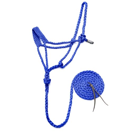 Jeffers Equine Braided Mule Tape Halter with 10' Detachable Lead Rope Set for Horses, 14 to 18 Hands - Stylish Design with Adjustable Poll Strap, Easy to Use Western Tack - Blue - color: Blue