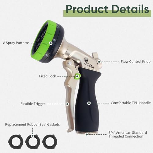 Garden Hose Nozzle, Metal Spray Nozzles for Garden | 8 Spray Patterns, Heavy Duty Labor-Saving Design, On/Off Valve for Easy Water Control, For Outdoors Lawn Watering Car Washing