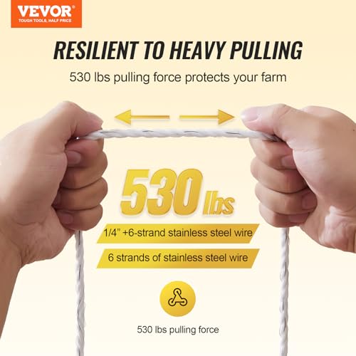 VEVOR Electric Fence Wire, 656Ft 200M Portable Polywire, 1/4" Diameter 6 Stainless Steel Strands for Reliable Conductivity and UV, Rust Resistance, Fencing Rope Line for Horse, Cattle, Livestock - size: 656Ft 200M, style: 1/4" Strands