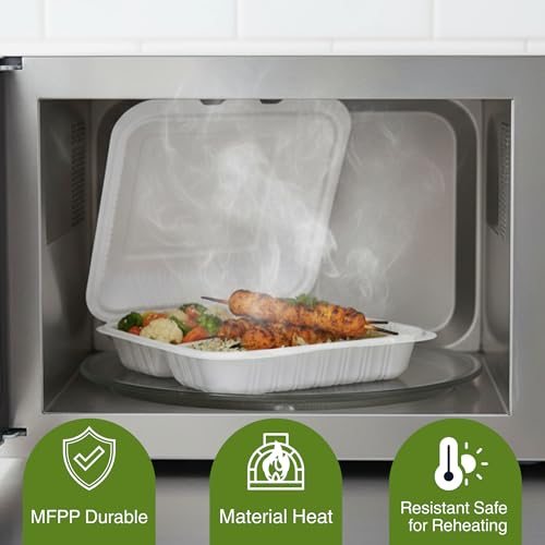 Front Lock MFPP Hinged Food Containers, Disposable Takeout Boxes | 150 Pack, 3 Compartments White, 9" x 9", Durable Microwaveable Food Service - color: White