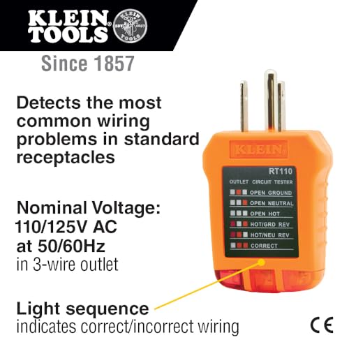 Klein Tools RT110 Outlet Tester, AC Electrical Receptacle Tester for North American Outlets - size: Receptacle Tester
