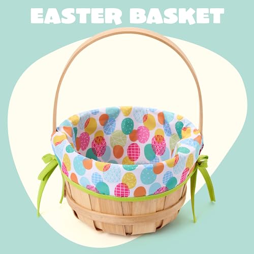 JOYIN Easter Wooden Basket with Liner, Portable Wood Buckets with Folding Handle, Easter Eggs Candies Party Favor Storage Container, Empty Gift Basket for Egg Hunt, Kids Party Treats & Picnic