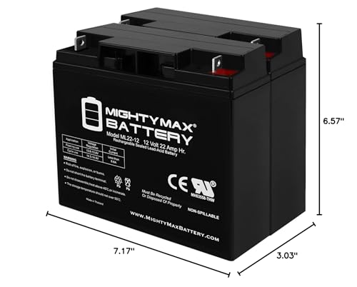 Mighty Max Battery ML22-12 - 12 Volt 22 AH, Nut and Bolt (NB) Terminal, Rechargeable SLA AGM Battery - Pack of 2 - size: 2 Pack