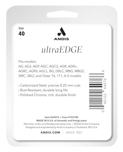 Andis 64076 UltraEdge Detachable Blade, Size 40, 1/100in Ultra-Close Cut | Carbon steel, fits AG, AG2, AGP, AGC, AGC2, AGR, AGR+, AGRC, AGRV, AGCL, BG, DBLC, MBG & SMC - style: 40 Blade (Pack of 1)