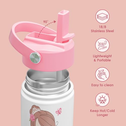 SANDJEST Ballet Kid 12oz Water Bottle with Straw Lid - 2-Pack Insulated Stainless Steel Water Bottles for Kids Girls - Travel Cup for School Sports - color: Ballet + Ballet (2 Pack)