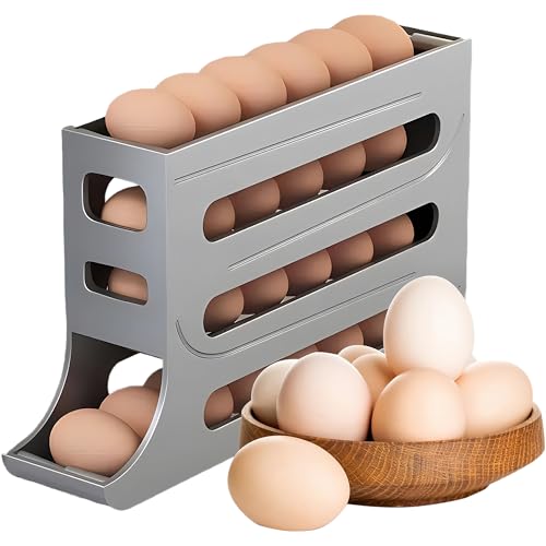 4 Tier Egg Roller Dispenser, Automatic Rolling Egg Holder, 28 Egg Capacity | Gravity-Fed Rolling System, Smooth Egg Dispensing, Grey Design, Easy Refill, Stable Placement - color: Light Gray