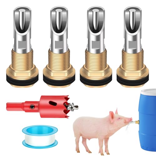 4 Pack Pig Waterer Nipples, Hog Water Nipples for Barrels Kit | Automatic Pig Nipple Waterer Kit,304 Stainless Steel, Touch-Activated Flow, PTFE Tape and 28 mm Hole Opener, Pigs and Goats