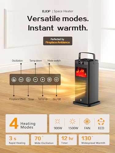2026 Space Heater 1500W Portable Electric PTC Ceramic | ETL & UL Certified, Fireplace Flame Effect, Oscillating, ECO Mode Temp Control, Indoor Use