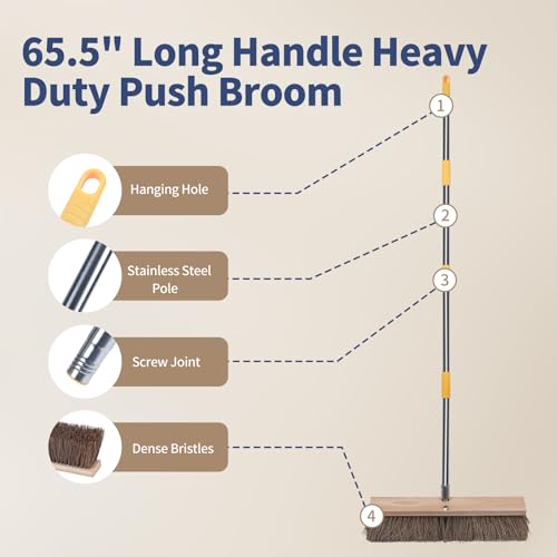 Heavy Duty 18" Push Broom with 65" Long Handle for Outdoor and Commercial | Large Wide Shop Broom, Stiff Palmyra Bristle Outside Broom Brush for Sweeping Concrete Floor, Garage, Patio, Yard, Lawn