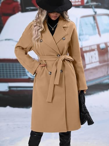 utcoco Womens Long Wool Pea Coat Notched Lapel Double Breasted Trench Coat Winter Warm Overcoat with Belt - color: Camel, size: XX-Large