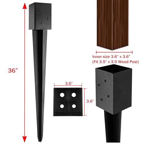 LADECH 4x4 Fence Post Anchor Ground Spike 36” Length Metal Black Powder Coated – Mailbox Post Anchors – Fit 3.5x3.5 Lumber (1, Black)