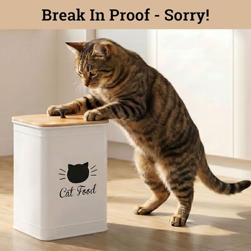 Metal Cat Food Container with Scoop 5-7 lb (25 Cup), w/ Airtight Bamboo Lid | Cat Kibble Canister with Metal Scoop, 25 Cups, Chew Proof Iron Body, Powder Coated, Airtight Bamboo Lid, Sturdy Metal Handle - color: White