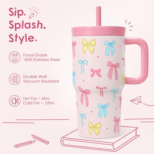 SANDJEST Bow Stainless Steel Tumbler 20oz with Handle and Silicone Straw Locking Lid for Kids Girls, Birthday Christmas Back to School - color: Bow 1