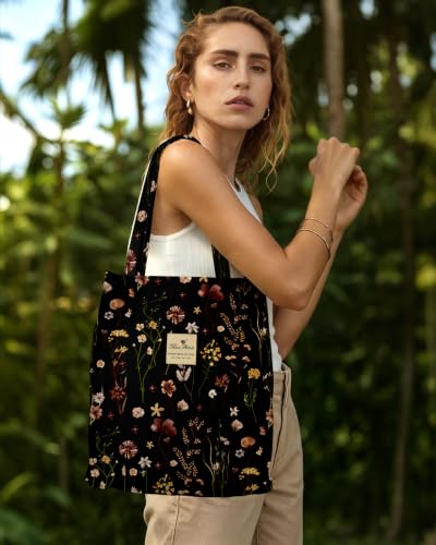 Miss Adola Corduroy Tote Bag for Women with Aesthetic Design | Magnetic Buckle & Pocket, Reusable, Soft, Roomy, Long Shoulder Handles, Double-sided Print, Casual Daily Work, Grocery Bags - color: Black Grow Flower, size: Medium