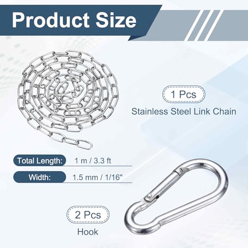 304 Stainless Steel Link Chain with 2 Hook (1/16" x 3.3 ft / 1 m x 1.5 Mm) - Utility Hanging Coil Chain Link Locking Pulling for Outdoor Fence Pet Dog - size: 1/16" x 3.3 ft(1 m x 1.5 Mm)