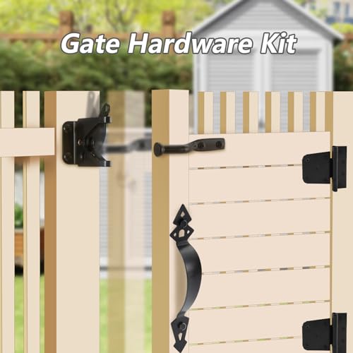 Fence Gate Hardware Kit, 3-1/2" Heavy Duty Gate Hinges, Latch and Handle | 2 Pack T Hinges, Self Locking Gate Latch, Decorative Cate Handle, Included Screws, Black, HOME MASTER HARDWARE