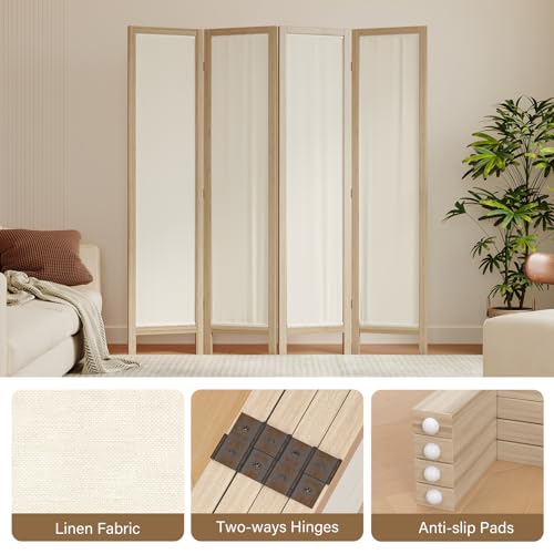 Linen Room Divider Privacy Screen, Foldable Wood Frame Partition Room Dividers with Removable Linen Fabric Curtain, Room Divider Panel, Zero Assembly for Home, Office, or Studio Natural 6 Panel - color: Natural