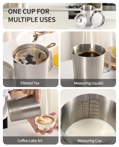 304 Stainless Steel Measuring Cup with Lid, Strainer, 32oz pitcher for Milk | 1000ml Metal Liquid Measuring Cup with ML/OZ Scale, 4 Cup Kitchen Pitcher for Baking, Coffee,Tea and Food Preparation