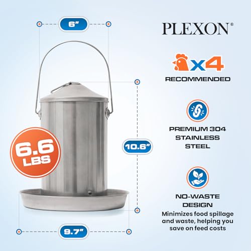 Plexon 6.6 Lb Hanging Chicken Feeder Metal Chicken Feeder with Handle no Waste Food - Stainless Steel - Turkey Duck Poultry Feeder - Heavy Duty Feeding Equipment - Backyard Coop - Small - size: 6.6 LB