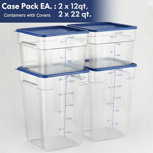 CURTA 4-Pack Food Storage Containers with Blue Lids - 12 Qt & 22 Qt Square Clear Polycarbonate - NSF Listed, Commercial Grade, Freezer & Dishwasher Safe, Stackable - color: 12 qt & 22 qt (2-Pack each)