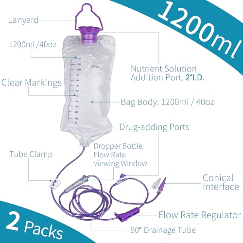 VWJ Enteral Delivery Gravity Bag Set, 1200ML Gravity Feeding Bag, Disposable Enteral Nutrition Bag, Large Bore - Health Care Aids